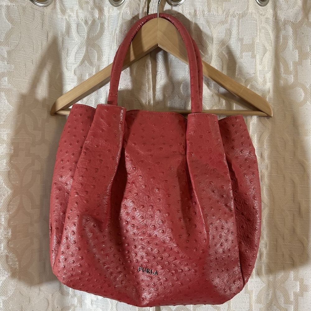 Furla Coral/Pink Ostrich-Embossed Leather Drawstring Satchel